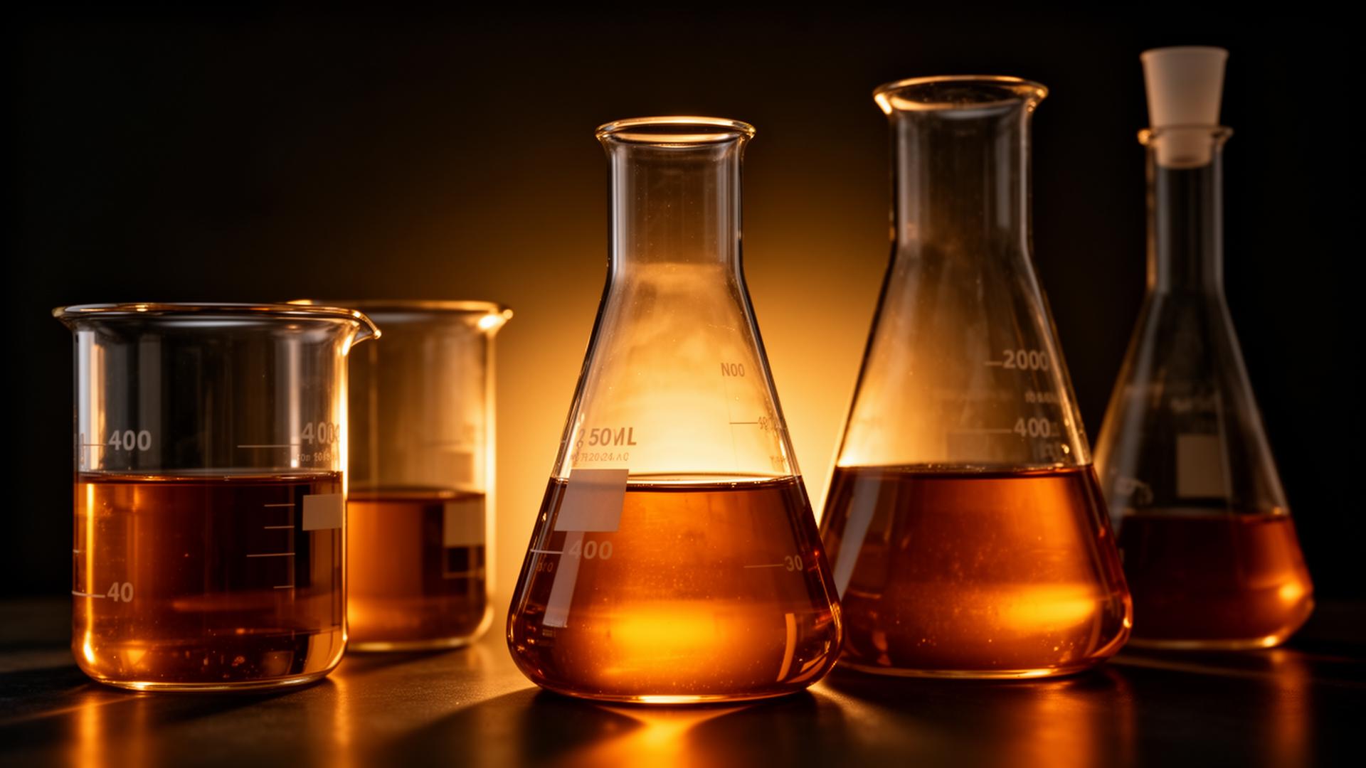 Laboratory glassware with amber liquid